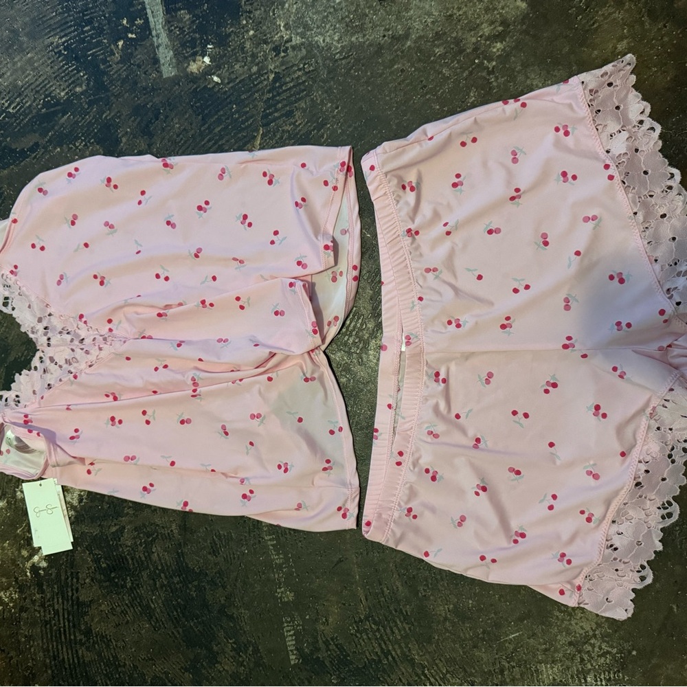 Jessica Simpson Pink Cherry-Print Lace-Trim Pajama Cami & Shorts Set